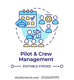 Pilotenbesatzung Management mehrfarbiges Konzept Symbol. Flugzeugpersonal, professionell. Luftverkehrsdienste. Runde Liniendarstellung. Abstrakte Idee. Grafikdesign. Benutzerfreundlich in Infografik