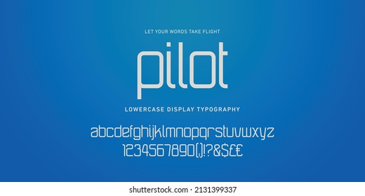 Pilot digital modern alphabet and numbers font. Typography, decorative, lowercase style. Technology, electronic music, display and headline typeface. Vector Illustration