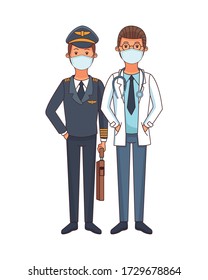 pilot and doctor using face masks vector illustration design