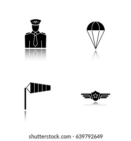 Pilot drop shadow black icons set. Parachute, airport windsock, pilot label symbol. Isolated vector illustrations.