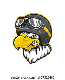 Adler-Vogel-Maskottchen mit Karikatur-Kopf Glattadler, Falken oder Falken mit Aviator-Helm und Brille. Sportteam oder fliegendes Clubmaskott für T-Shirt-Design