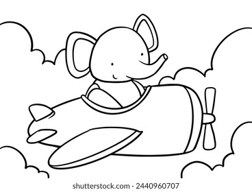 Pilot Elephant on Plane, Children Coloring Page. Printable Coloring book Outline black and white.