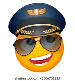 Pilot emoji with aviator sunglasses on white background. Emoticon with captain's cap. Cute emoticon