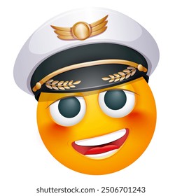 Pilot emoji on white background. Emoticon with captain's cap. Cute emoticon