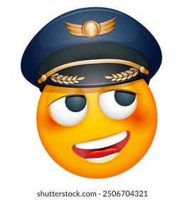 Pilot emoji on white background. Emoticon with captain's cap. Cute emoticon