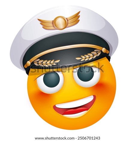 Pilot emoji on white background. Emoticon with captain's cap. Cute emoticon