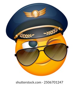 Pilot emoji winking with aviator sunglasses on white background. Emoticon with captain's cap. Cute emoticon