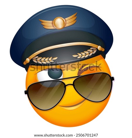 Pilot emoji winking with aviator sunglasses on white background. Emoticon with captain's cap. Cute emoticon