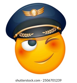 Pilot emoji winking on white background. Emoticon with captain's cap. Cute emoticon