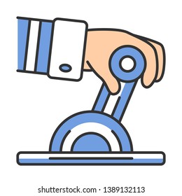 Pilot engine lever color icon. Airplane equipment.  Pilots hand. Jet control. Aviation service. Aircraft travel. Aviation part. Airliner journey. Isolated vector illustration