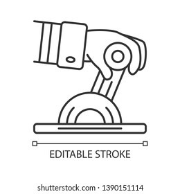 Pilot engine lever linear icon. Airplane equipment. Aviating. Pilots hand. Jet control. Aviation service. Thin line illustration. Contour symbol. Vector isolated outline drawing. Editable stroke