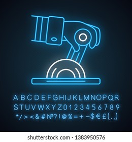 Pilot engine lever neon light icon. Airplane equipment. Aviating. Pilots hand. Jet control. Aviation service. Glowing sign with alphabet, numbers and symbols. Vector isolated illustration