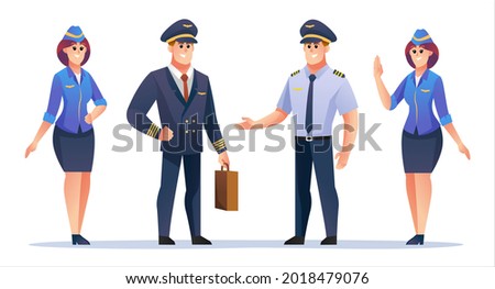 Pilot and flight attendant character set. Friendly pilot and stewardess vector illustration