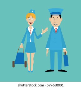 pilot and flight attendant isolated on blue background. vector illustration of cartoon