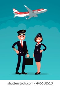 Pilot and a flight attendant on a background of an airplane taking off. Vector illustration of a flat design