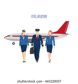 The pilot and a flight attendant on the plane background. Vector illustration