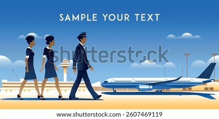 A pilot and flight attendants approach an airplane on the runway. Airport terminals are in the background. Handmade drawing vector illustration.