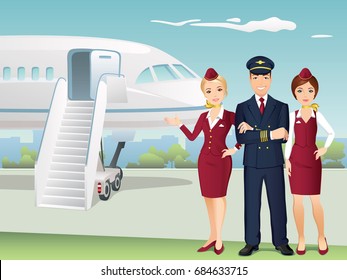 Pilot and Flight attendants of Commercial Airlines with the background of airplane. Sky team. Flat design, vector cartoon.