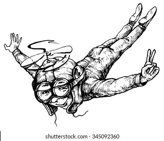 The pilot in flight - hand drawn vector illustration, isolated on white