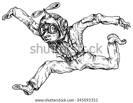 The pilot in flight - hand drawn vector illustration, isolated on white