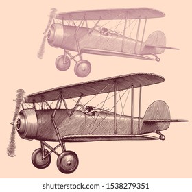 A pilot with a fluttering scarf flies on an ancient airplane in the sky. Design set. Hand drawn engraving. Editable vector vintage illustration. Isolated on light background. 8 EPS