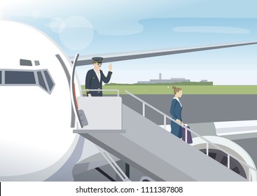 Pilot and fly attendant going out from the airplane after landing. Man and girl walk out plane at airport terminal. Vector Illustration.
