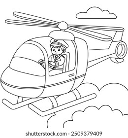 O piloto está voando na página de contorno do helicóptero. Clip-art desenhado à mão no dia do trabalho