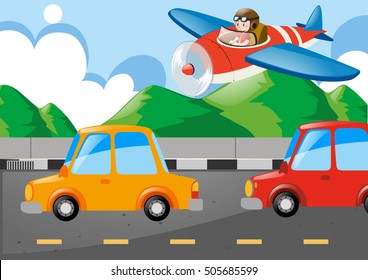 Pilot flying jet over the highway illustration
