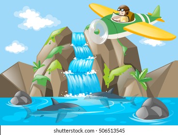 Ejemplo de avión piloto volante sobre cascada