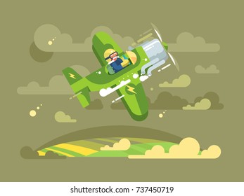 Pilot flying on airplane in sky. Aircraft travel cartoon, air show transportation fly aviator. Vector illustration