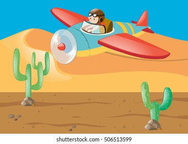 Pilot flying over the desert ground illustration