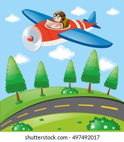 Pilot flying plane over the land illustration