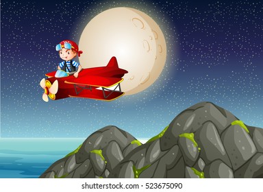 Pilot flying plane over mountain at night illustration