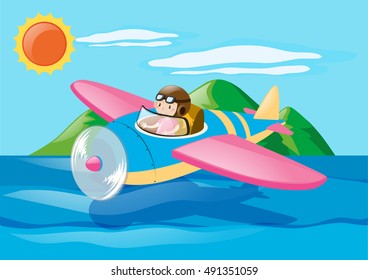 Pilot flying plane over the sea illustration