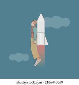 Pilot flying with a rocket tied to his back. Isolated vector illustration.
