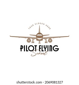 Pilot Flying school vector logo with passenger airplane isolated on white background