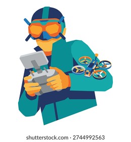 Pilot in FPV goggles and teal jacket controls small racing drone with remote, engaging in aerial sport.