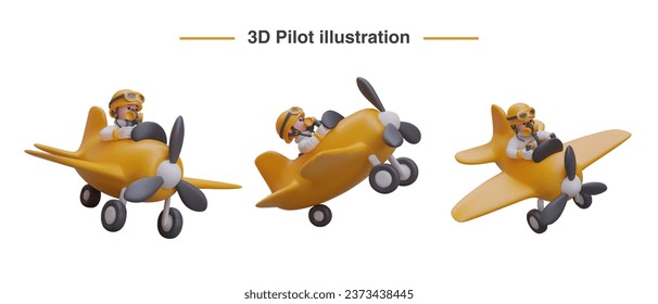 Pilot in funny yellow airplane. Object in different positions. Set of isolated vector pictures. Ascent and descent fly. Idea for online game. Concept for web design