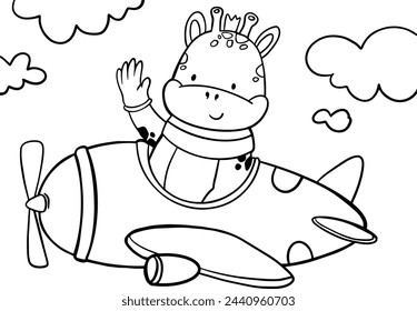 Pilot Giraffe on Plane, Children Coloring Page. Printable Coloring book Outline black and white.