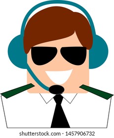 Pilot with glasses, illustration, vector on white background.