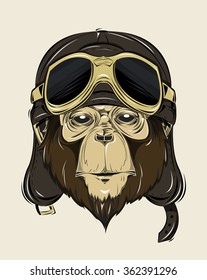 pilot with glasses monkey print for t-shirt. HIPSTER print. Monkey modern street style attributes. Vector art. Monkey head for poster.
