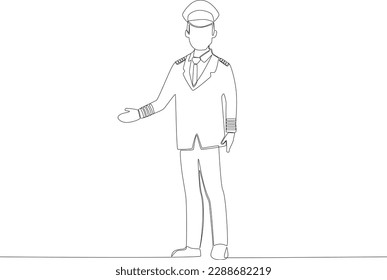 A pilot guides passengers to board the plane. Pilot and plane one-line drawing