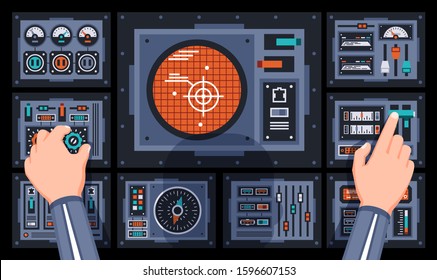 Pilot hands on the control panel of the spaceship. Dashboard with large radar in cockpit of the dispatcher. Vector illustration.