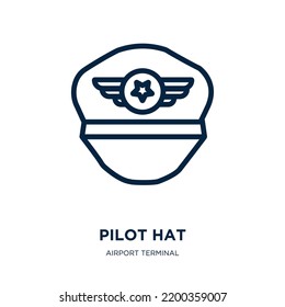 Pilot Hat Icon From Airport Terminal Collection. Thin Linear Pilot Hat, Hat, Uniform Outline Icon Isolated On White Background. Line Vector Pilot Hat Sign, Symbol For Web And Mobile