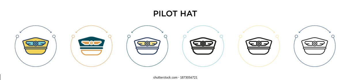 Pilot hat icon in filled, thin line, outline and stroke style. Vector illustration of two colored and black pilot hat vector icons designs can be used for mobile, ui, web