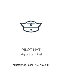 Pilot Hat Icon. Thin Linear Pilot Hat Outline Icon Isolated On White Background From Airport Terminal Collection. Line Vector Sign, Symbol For Web And Mobile