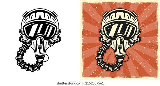 Pilot helmet, airman vector illustration in two style monochrome on white and vintage colored on grunge background