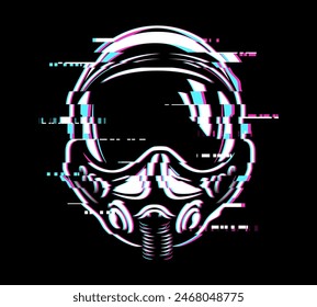 Pilot helmet glitch, retro cyberpunk 80s style aviator headwear with glitched effect, cyan and magenta distortion lines. Vector theme of high-tech, futuristic, virtual reality or advanced technology