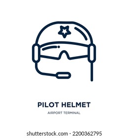 pilot helmet icon from airport terminal collection. Thin linear pilot helmet, helmet, pilot outline icon isolated on white background. Line vector pilot helmet sign, symbol for web and mobile