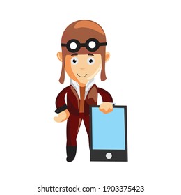 pilot holding phone character illustration use helmet headphones and glasses 